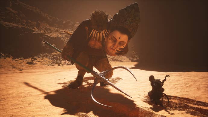 The final boss of Chapter 2 of Black Myth: Wukong, the Yellow Wind Sage, looms over the Destined One. He holds the huge head of the Boddhisattva Lingji in his arm.