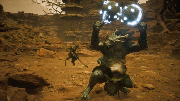 Black Loong, a hidden boss in Black Myth: Wukong’s Chapter 2, prepares to unleash a thunderwave with his electric rattles.