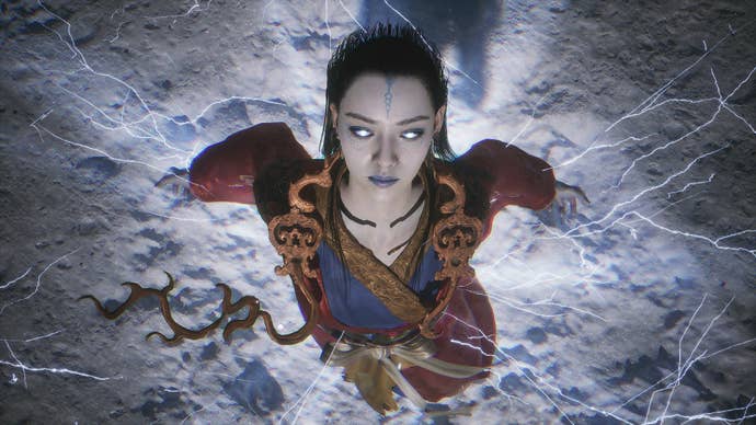 A closeup on Kang Jin-Star, surrounded by electricity, from the boss fight halfway through Black Myth: Wukong’s Chapter 3.