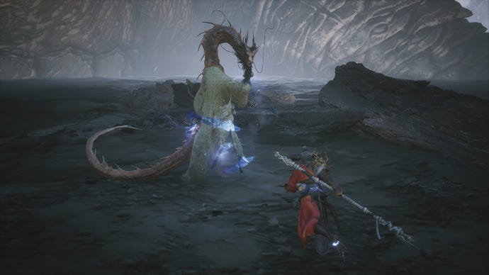 The Destined One fights Chen Loong in the ocean in Black Myth: Wukong.