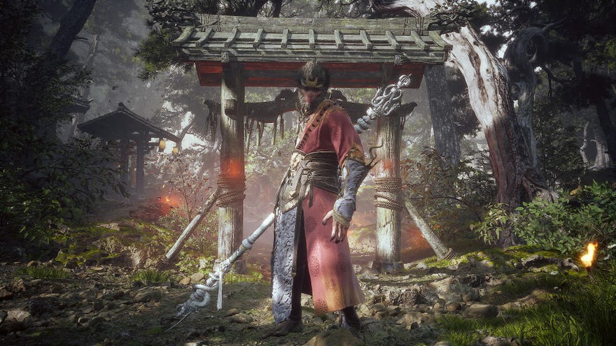 The Destined One stands before the gate in Black Myth: Wukong’s hub, the Zodiac Village.