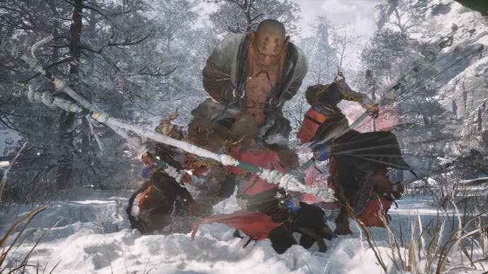 The Destined One and his clones fight against Non-Able in Black Myth: Wukong.