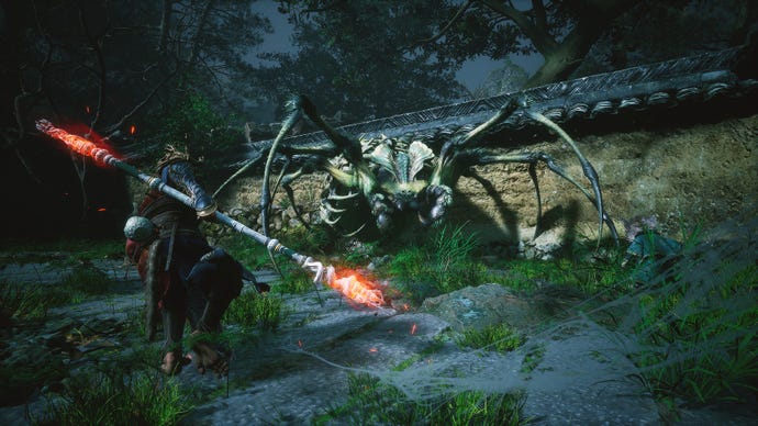 The Destined One and Zhu Bajie fight the Second Sister in her Spider Form at the start of Black Myth: Wukong’s Chapter 4.