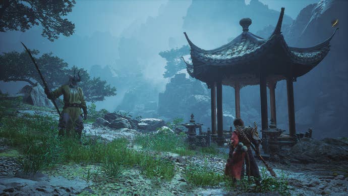 The Destined One and Yellow Loong stand before a pagoda, ready to face off in Black Myth: Wukong.