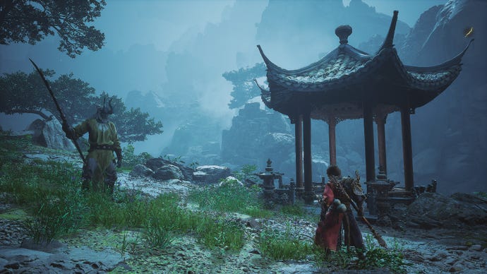 The Destined One and Yellow Loong stand before a pagoda, ready to face off in Black Myth: Wukong.