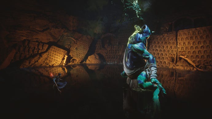 The battle with Baw-Li-Guhh-Baw in Black Myth: Wukong, taking place in a cave pool with the giant frog coughing up poison.