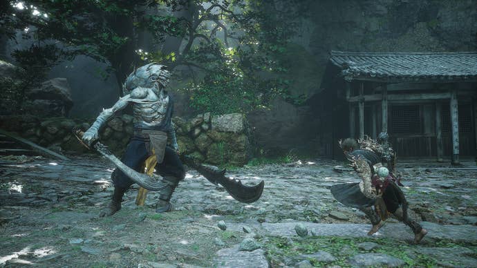 Commander Beetle stands before the Destined One in Black Myth: Wukong, both blades ready to strike.