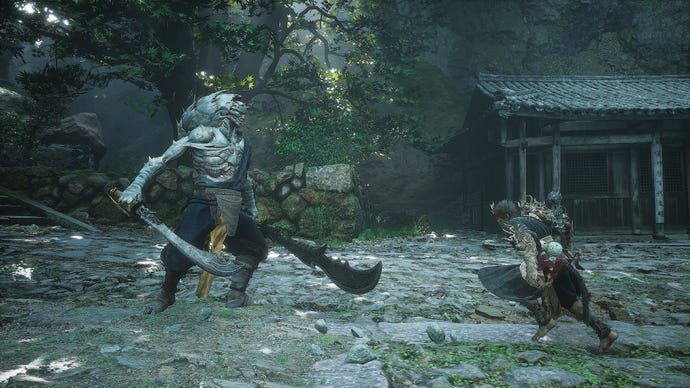 Commander Beetle stands before the Destined One in Black Myth: Wukong, both blades ready to strike.