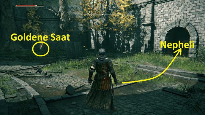 A warrior stands in a stone courtyard in Elden Ring, with yellow markers showing the location of Nepheli off to the right, and the Golden Seed to the left)