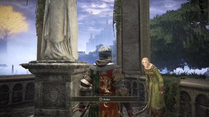 A warrior speaks to a green-robed woman in a stone pavilion in Elden Ring