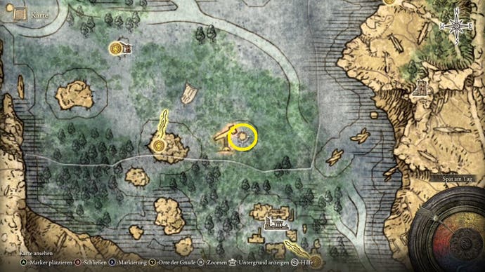 An overhead map showing the location of Rya in Elden Ring, marked by a yellow circle in the middle of a plain.