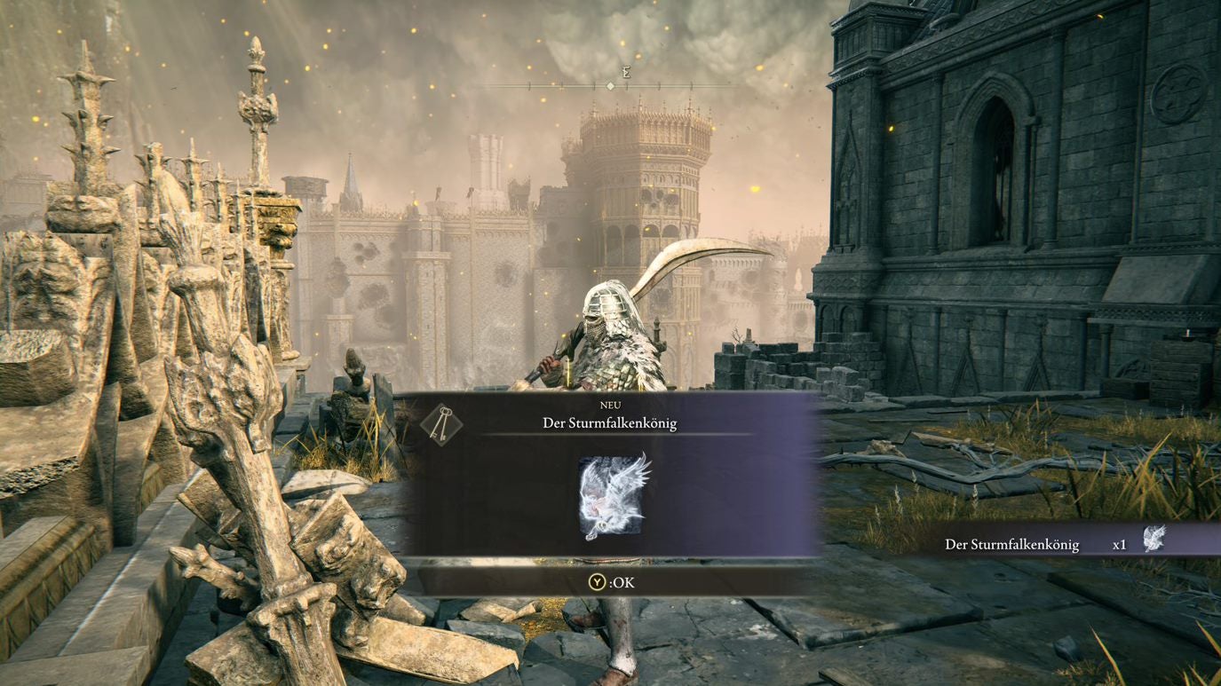 A warrior obtains the Stormhawk King on the stone chapel roof of the Chapel of Anticipation in Elden Ring