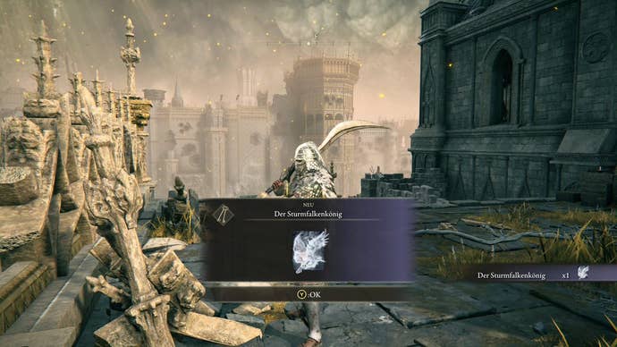 A warrior obtains the Stormhawk King on the stone chapel roof of the Chapel of Anticipation in Elden Ring