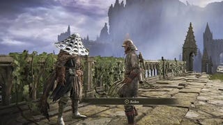 A warrior talks to Bloody Finger Yura on a bridge in Elden Ring.