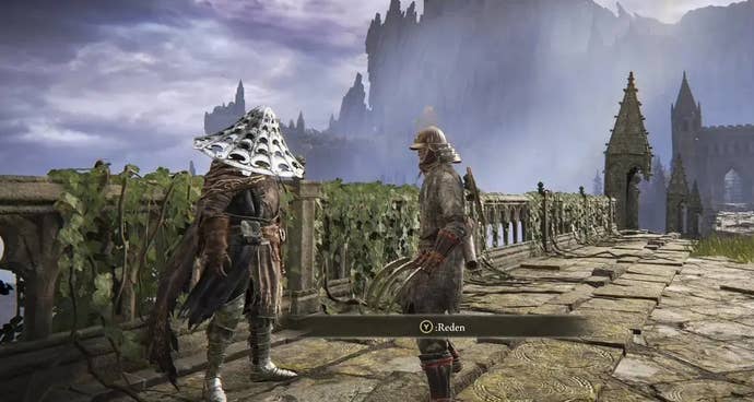 A warrior talks to Bloody Finger Yura on a bridge in Elden Ring.