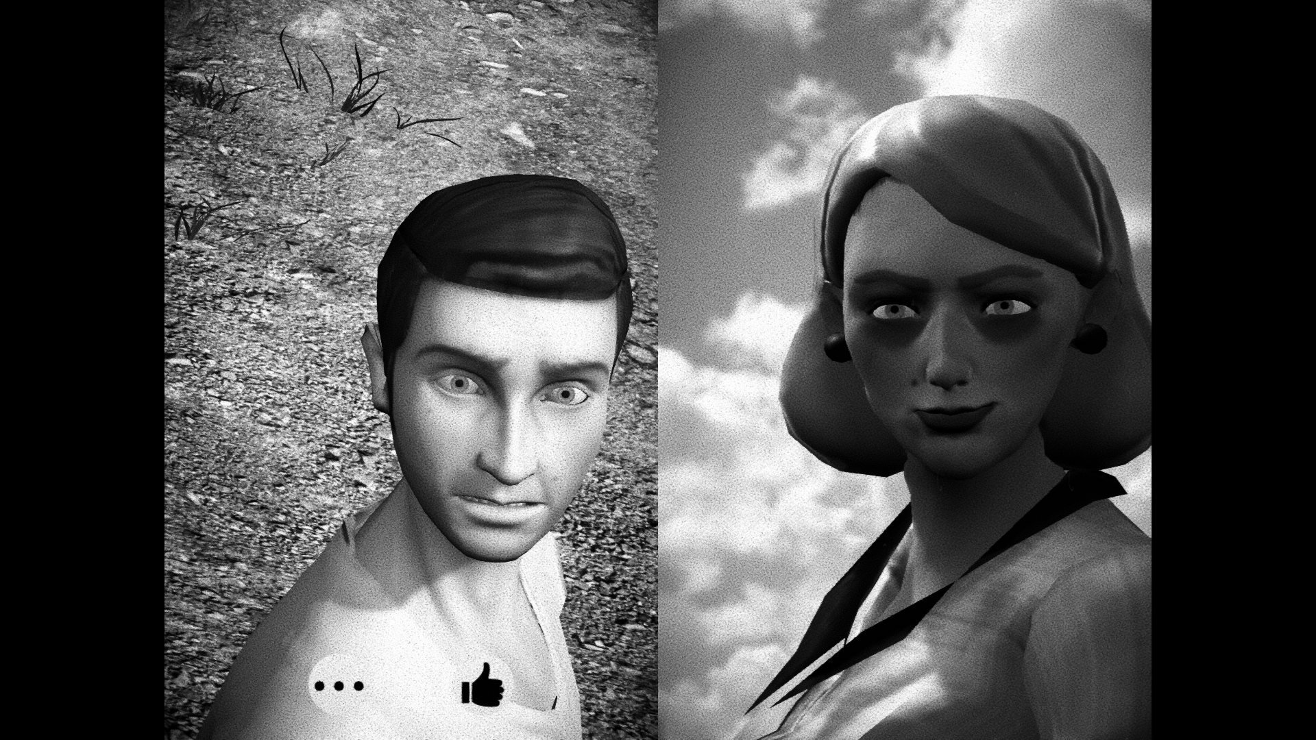 A splitscreen view of a woman looking down at a man from the horror game Horses. - 10