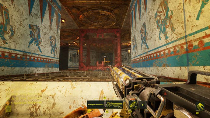 A screenshot of Meet Your Maker, a shooter with base-building elements, showing the player looking down a trapped corridor.