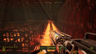 A screenshot of Meet Your Maker, a shooter with base-building elements, showing the player looking at a huge lava pit with a not very safe-looking bridge.