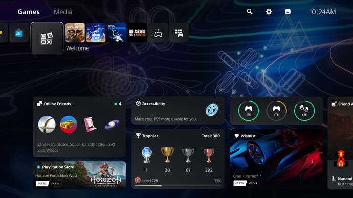 Screenshot from Sony of its Welcome Hub showing various widgets, but with VR headset battery icon removed
