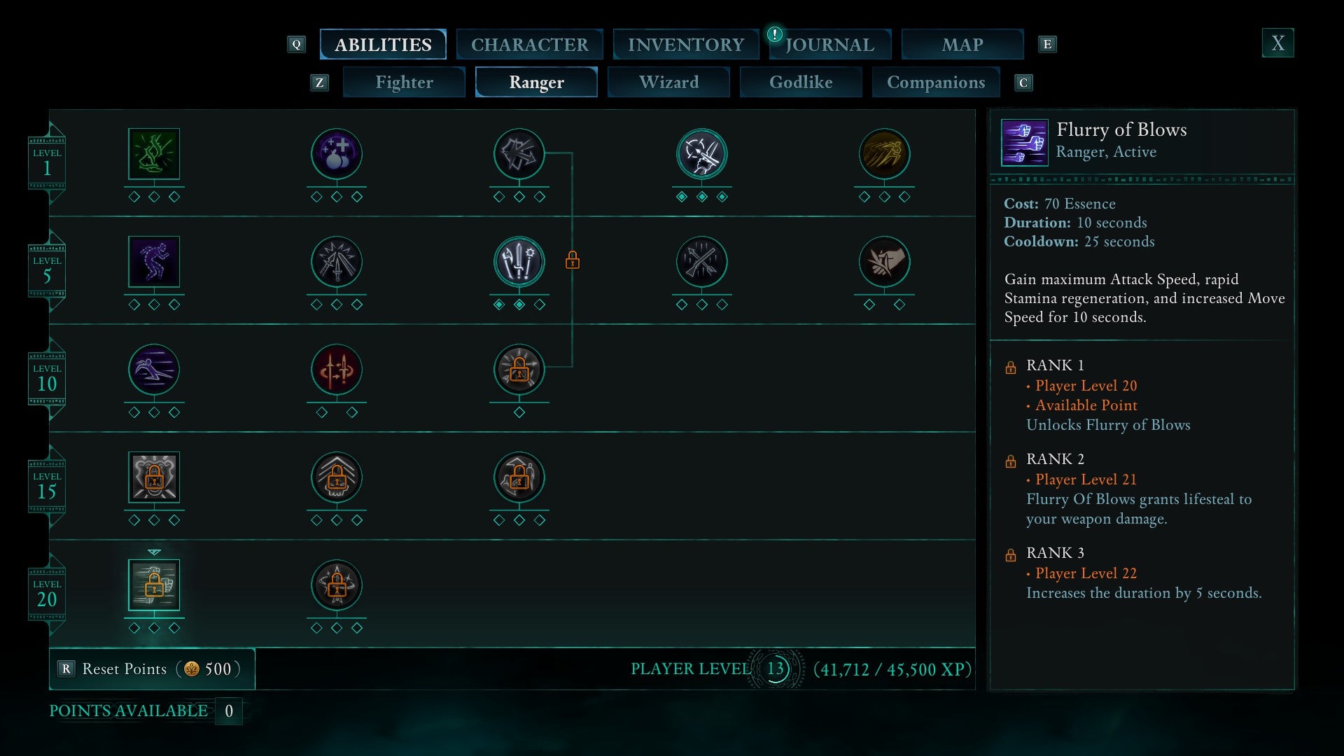 An inventory menu screenshot in Avowed, showing a description of the Flurry of Blows ability for Rangers. - 3