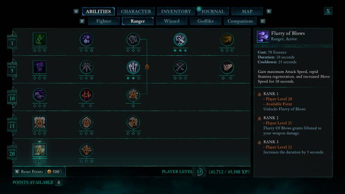 An inventory menu screenshot in Avowed, showing a description of the Flurry of Blows ability for Rangers.