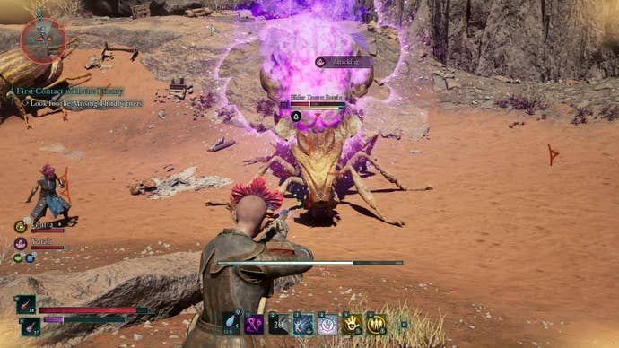 Yatzli the Wizard, one of the four companions in Avowed, drops a giant burst of Explosion energy on a giant beetle in a desert.