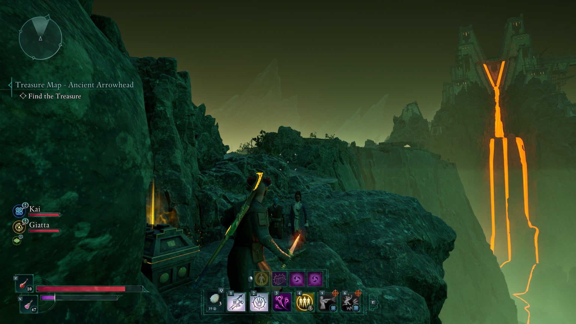 The Envoy stands on a rocky ledge, overlooking the lava-flowing spires of Solace Keep in Avowed. A chest lies next to her. - 33