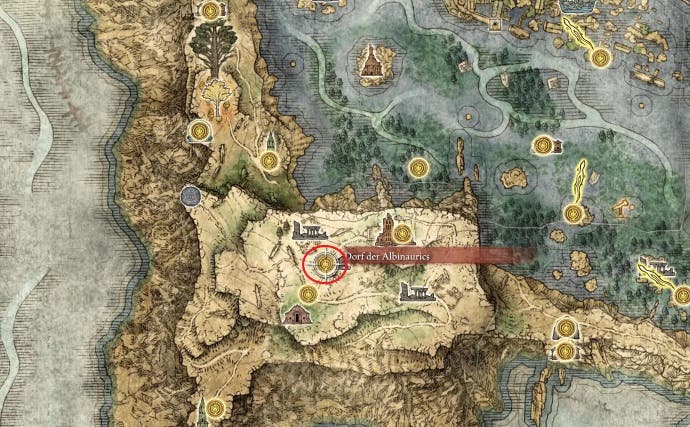 An Elden Ring map screen showing the location of the Albinauric village.
