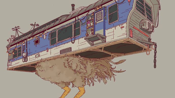 A chicken with a mobile home where its head and neck should be, from a Giant Sparrow game concept art