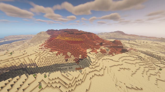 Ein Ödland-Biom in Minecraft, umgeben von Wüste.