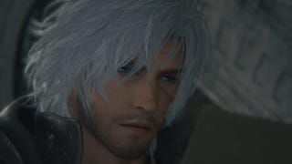 Clive from Final Fantasy 16 in close up but with white hair looking like Dante from Devil May Cry