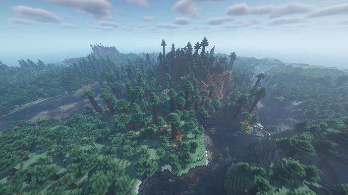 Eine Minecraft-Landschaft aus altgewachsener Kiefern-Taiga, mit einem großen Hügel zwischen zwei Flüssen.