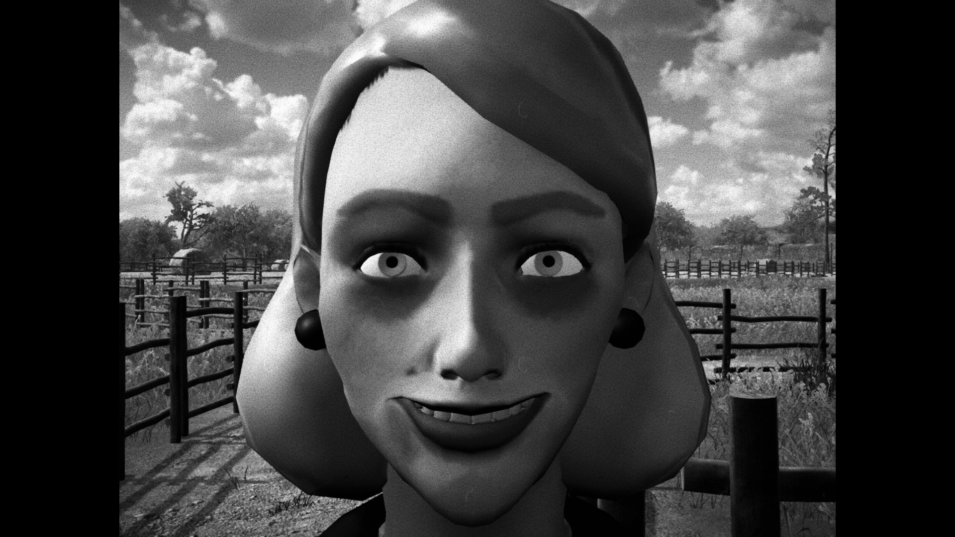 A close-up of a woman's smiling face with a lot of make-up, from the horror game Horses. - 12