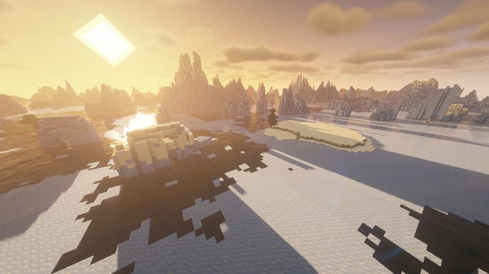 Ein Minecraft-Sonnenuntergang über einem Eis-Biom.