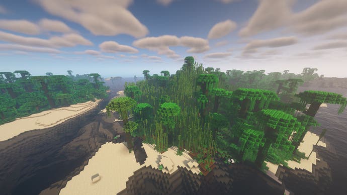 Inseln in Minecraft, bedeckt mit Dschungelbäumen und Bambuswald.