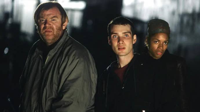 Some of the cast of 28 Days Later looking at something offscreen.