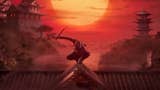 A hooded ninja Assassin balances on a Japanese rooftop under a red sun.
