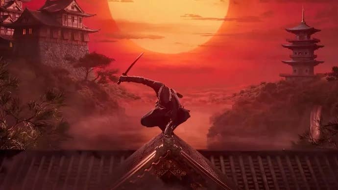 A hooded ninja Assassin balances on a Japanese rooftop under a red sun.