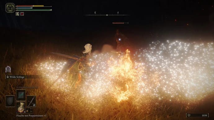 A warrior dodges an exploding cloud in the Albinauric village in Elden Ring