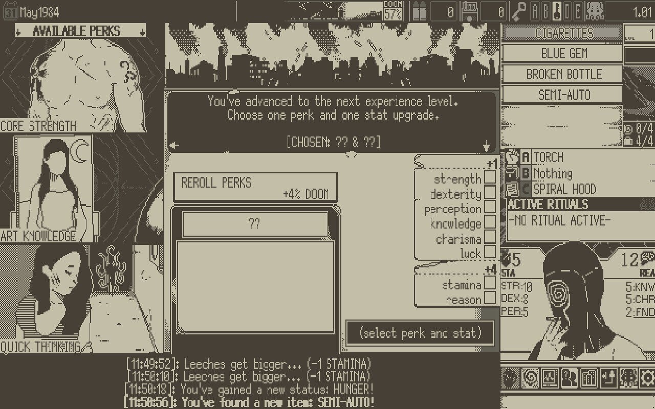A screenshot from World of Horror showing the level-up screen. A choice of three character perks is available, and players can also select one stat to boost.