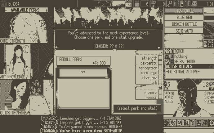 A screenshot from World of Horror showing the level-up screen. A choice of three character perks is available, and players can also select one stat to boost.