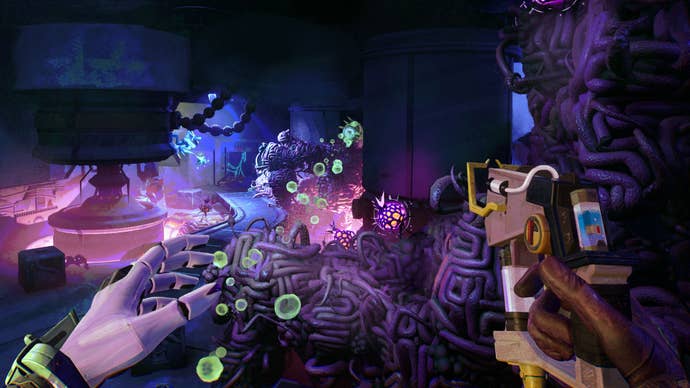 A player advancing on a heap of entangled mushroom filaments emitting green bubbles, from first-person sci-fi sim Ambrosia Sky