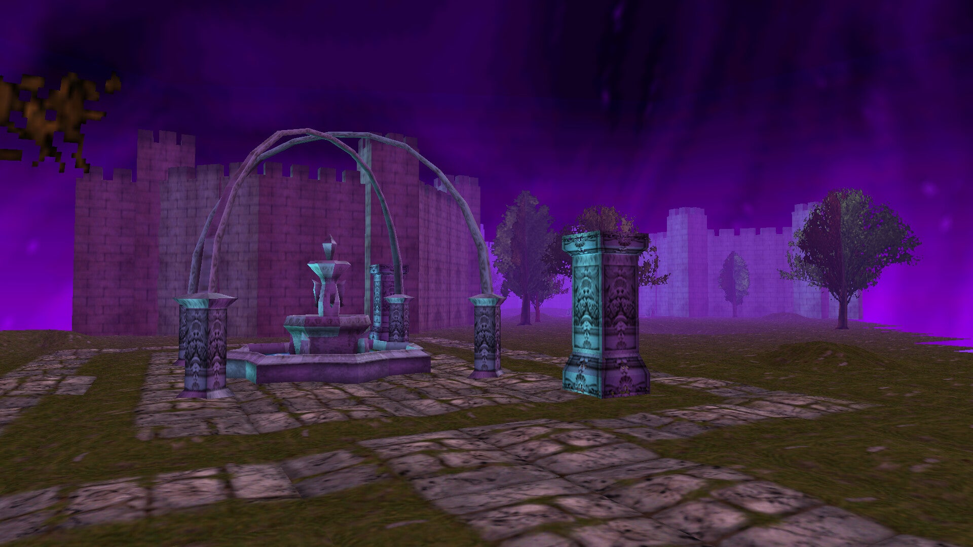 A purpley dungeon with stone walks and trees and a fountain, from Lunacid: Tears Of The Moon - 1