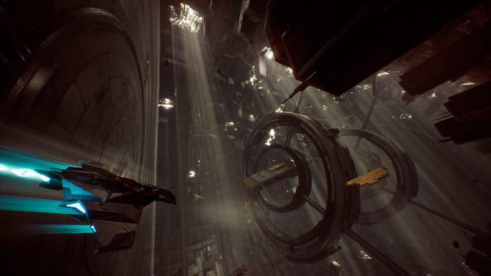 A spaceship flying through the inside of a huge derelict in Chorus