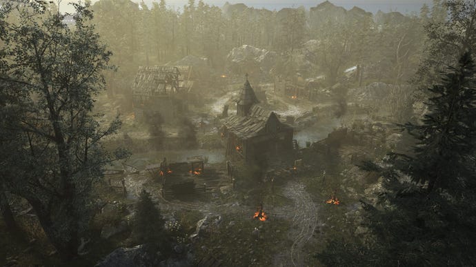A screenshot from turn-based tactics RPG Beast, showing a village through trees from above.