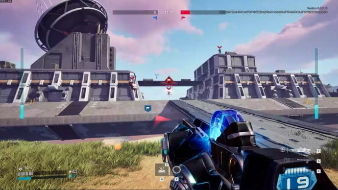 A screengrab of a playest of a new Tribes game, showing a player with a blue-toned rifle running up a slope towards a metal fortress