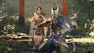 A masked warrior and a priestess in Kunitsu-Gami: Path of the Goddess