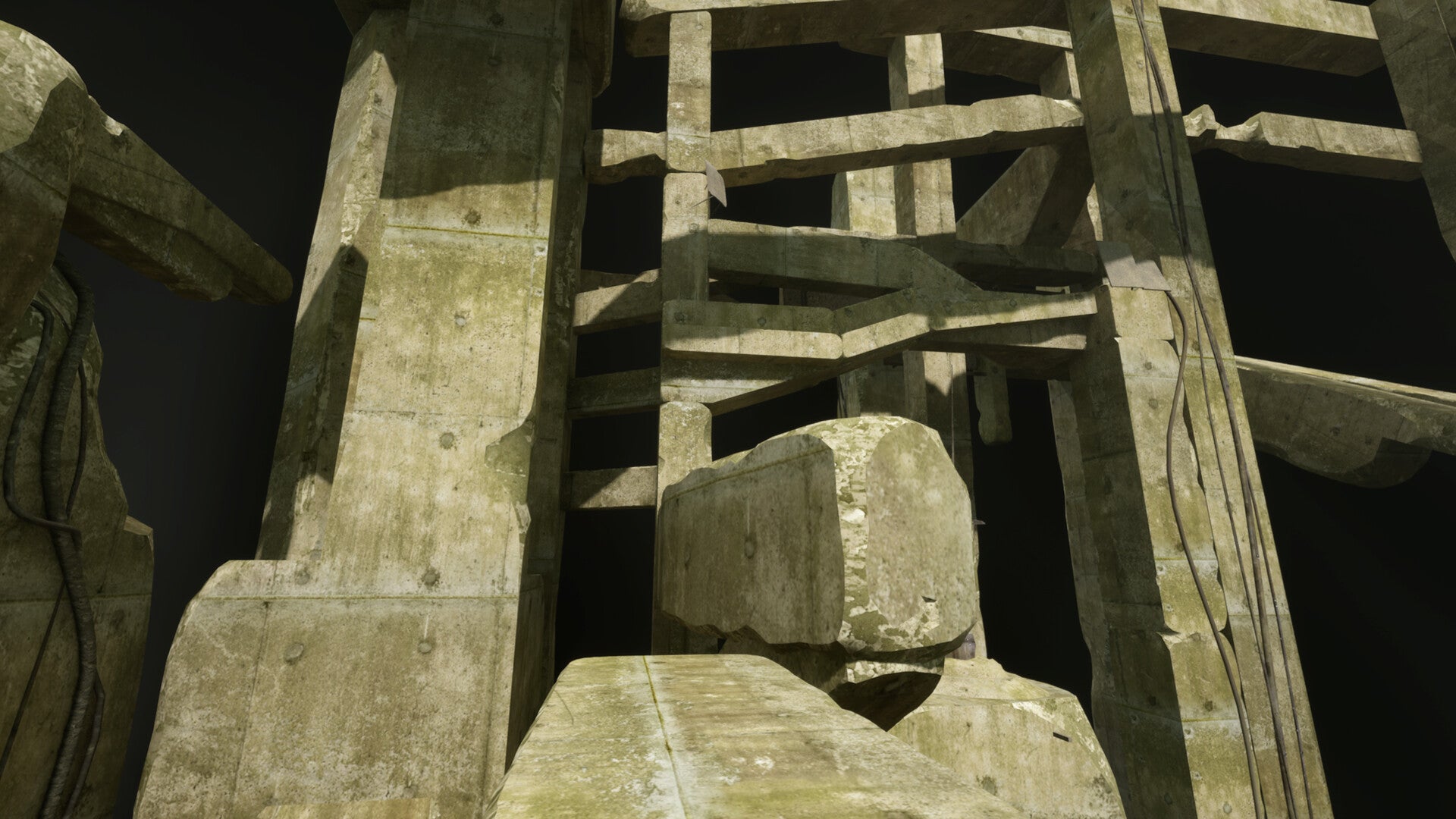 A stack of yellowing concrete ramps and paths leading upward, from VHOLUME.