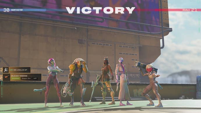 A screenshot of Concord, showing the player’s team posing on the victory screen.