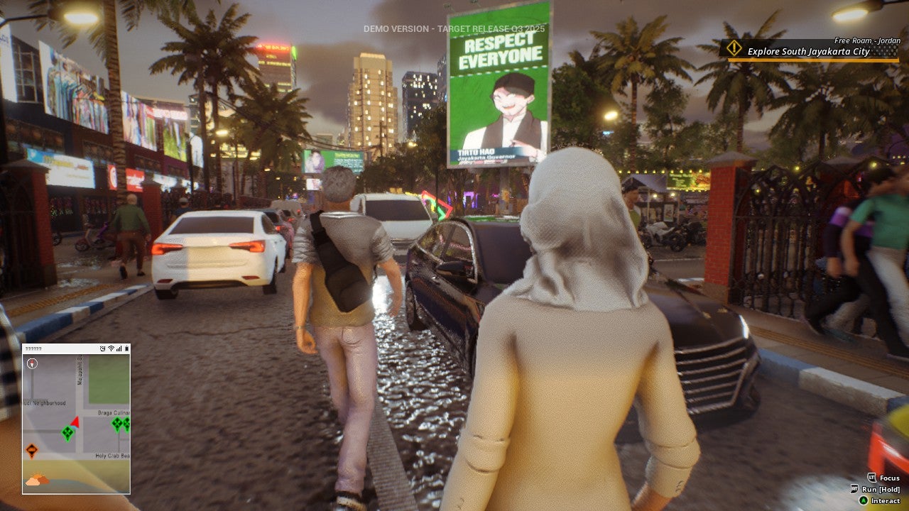 A group of young people walking right in the middle of traffic in a busy Indonesian city at night, with palm trees and skyscrapers in the distance. - 8